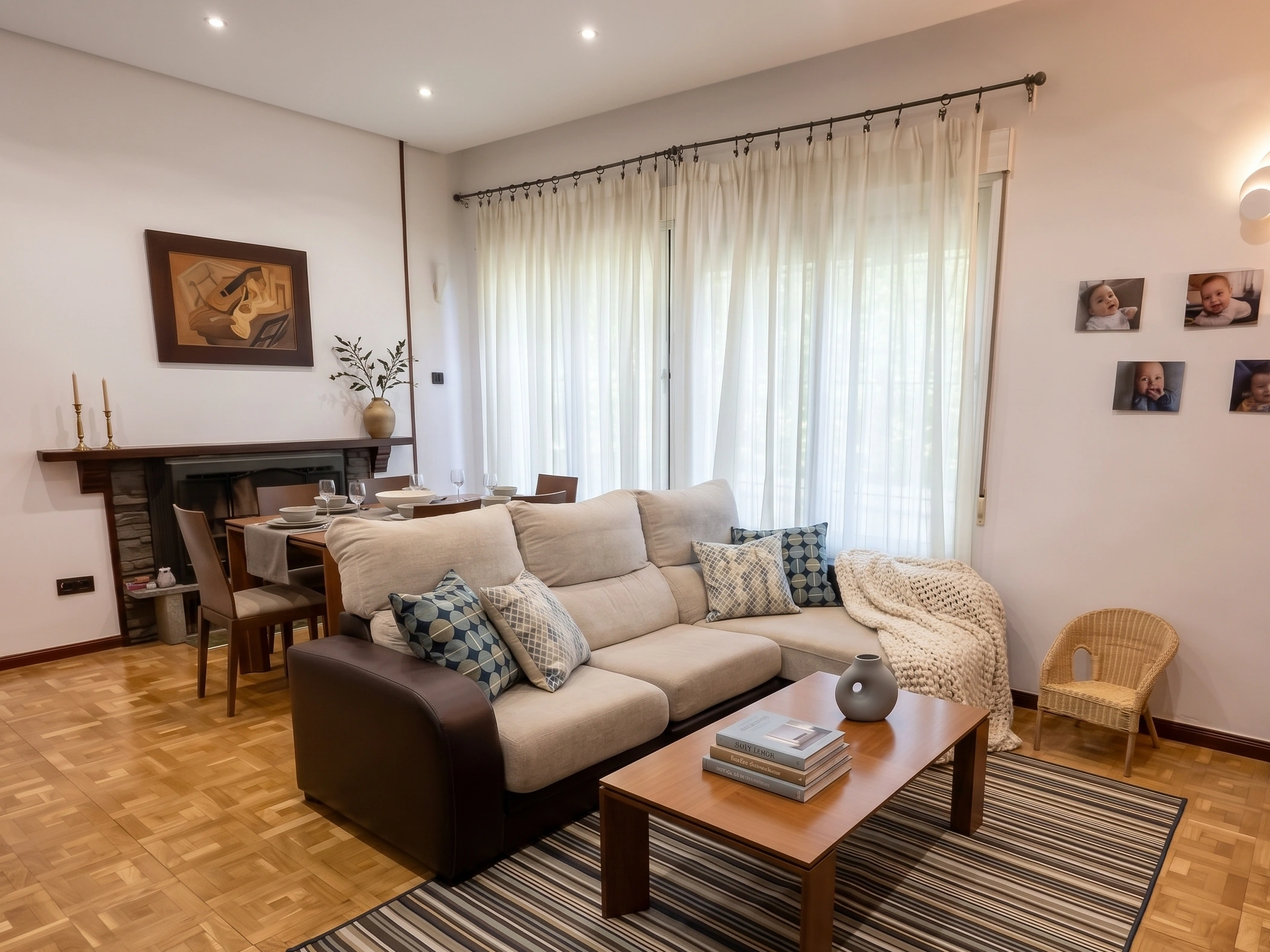 Salón principal con chimenea y comedor